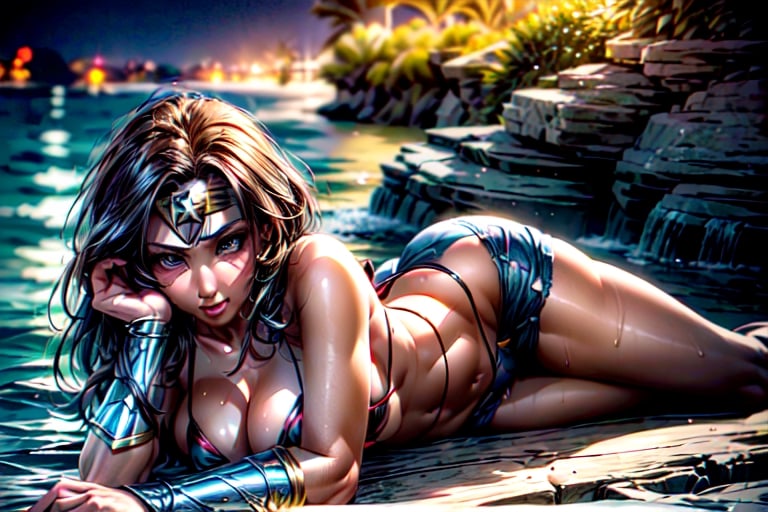 (Masterpiece,art house shot,2.5d, full body, 8k, high_res, high_detail, Color magic, national park background, nighttime, cliff side next to a beautiful lake, cosmic scene in sky)
BREAK
(1 woman, wonder woman,thicc,micro_bikini ,age 30, mature face, park , wet_clothes, looking out at lake, laying on rock, sexy pose) ,High detailed ,1 girl