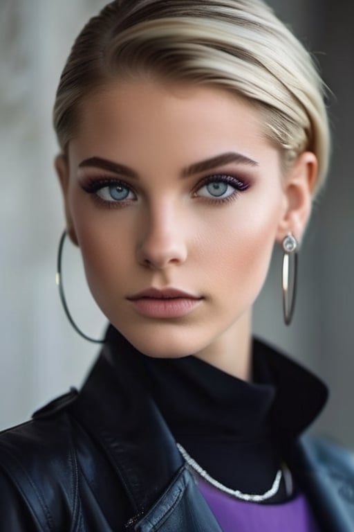 Caucasian girl with photorealistic features. The dynamic view captures the essence of a confident and stylish teen girl. She is shown in a full body shot, highlighting her youthful appearance at 16 years old. Her beautiful detailed eyes draw attention and add depth to the image. The photo is of the best quality, showcasing highly detailed features. She stands solo, wearing gloves and with her hair slicked back into a long and flowing style. Adorned with jewelry, she wears a skirt that exposes her navel and is paired with thigh-highs. Her outfit is completed with earrings and elbow gloves, reminiscent of the Team Rocket uniform. Her crop top emphasizes her midriff, and her blue eyes captivate the viewer. The white background provides a clean and minimalist backdrop, allowing the focus to remain on the subject. A belt and black gloves add a touch of sophistication to her ensemble. Her very long hair cascades down, creating a striking contrast against the simple background. With a warm and genuine smile, she looks directly at the viewer, establishing a connection. Black thigh-highs and purple hair further enhance her unique style. The combination of a white skirt and miniskirt adds a playful touch to the overall look. The photo exudes a sense of confidence and allure, with her exposed thighs adding an element of sensuality. The image is incredibly realistic, capturing even the smallest details, including her short hair.