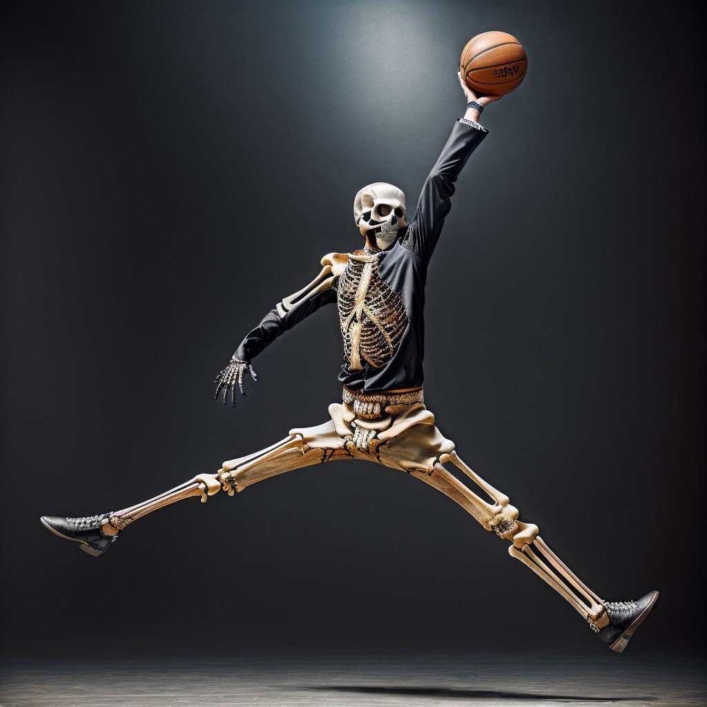 (generates a detailed image of a man playing Basketball jumping dunking a ball),  (black Mexican charro suit:1.4), (skeleton hands, skull face:1.4) 