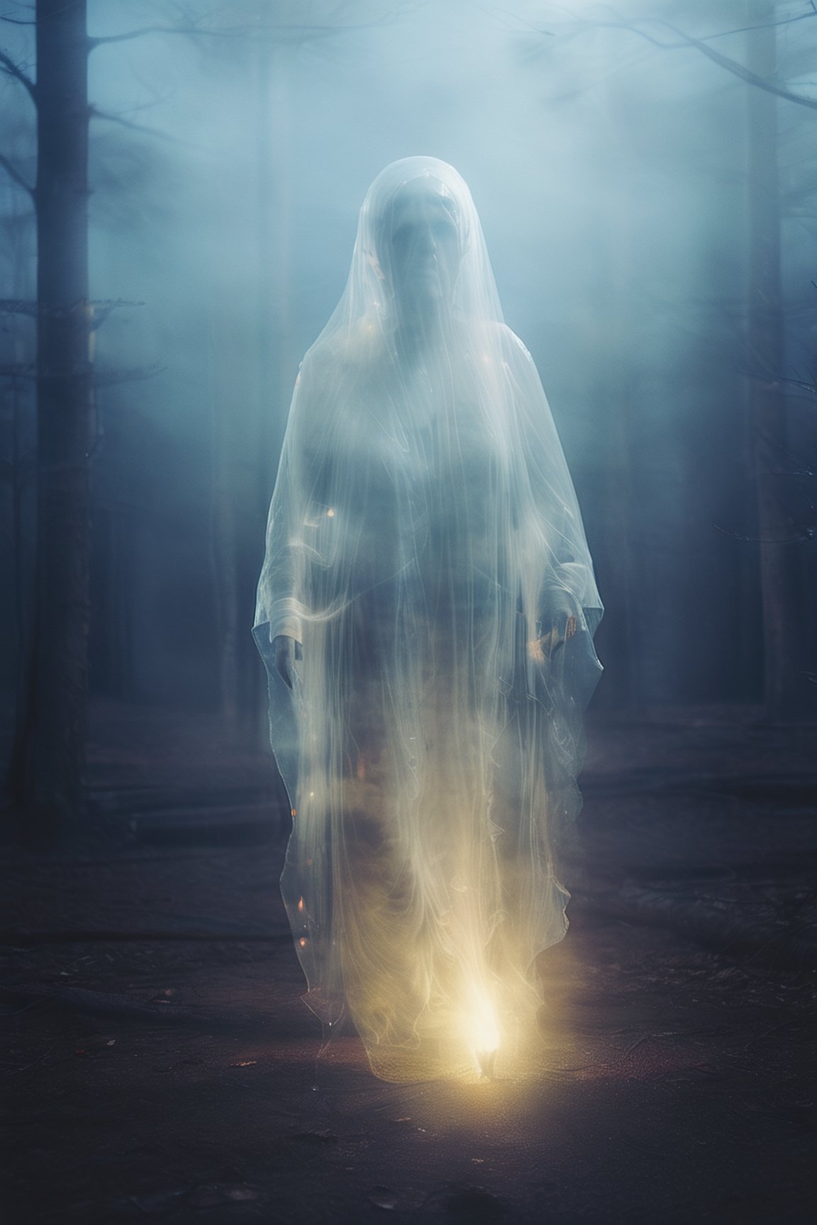 a photo of transparent ghost old lady in a forest, at night, fire illumination