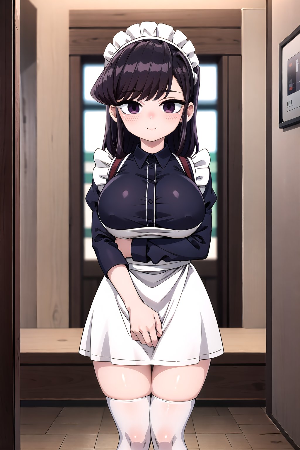 Masterpiece, Best Quality, Anime 2d, High Resolution, 8K Raw, highres, absurdres, incredibly absurdres, lowres, komi shouko, standing, 1girl, solo, looking at viewer, purple hair, purple eyes, long hair, blush, embarrassed, evil smile, closed mouth, arms down, hands on own crotch, well drawn hands, perfct hands, gigantic breasts, perfectly formed and symmetrical breasts, abdomen, big thighs, beautiful legs, Katyusha, bow, white long sleeves, Black maid dress, apron, white apron, white socks, zettai ryouiki, maid, maid headdress, room,elegant restaurant,bangraund:1.3,poakl,ShokoKomidef