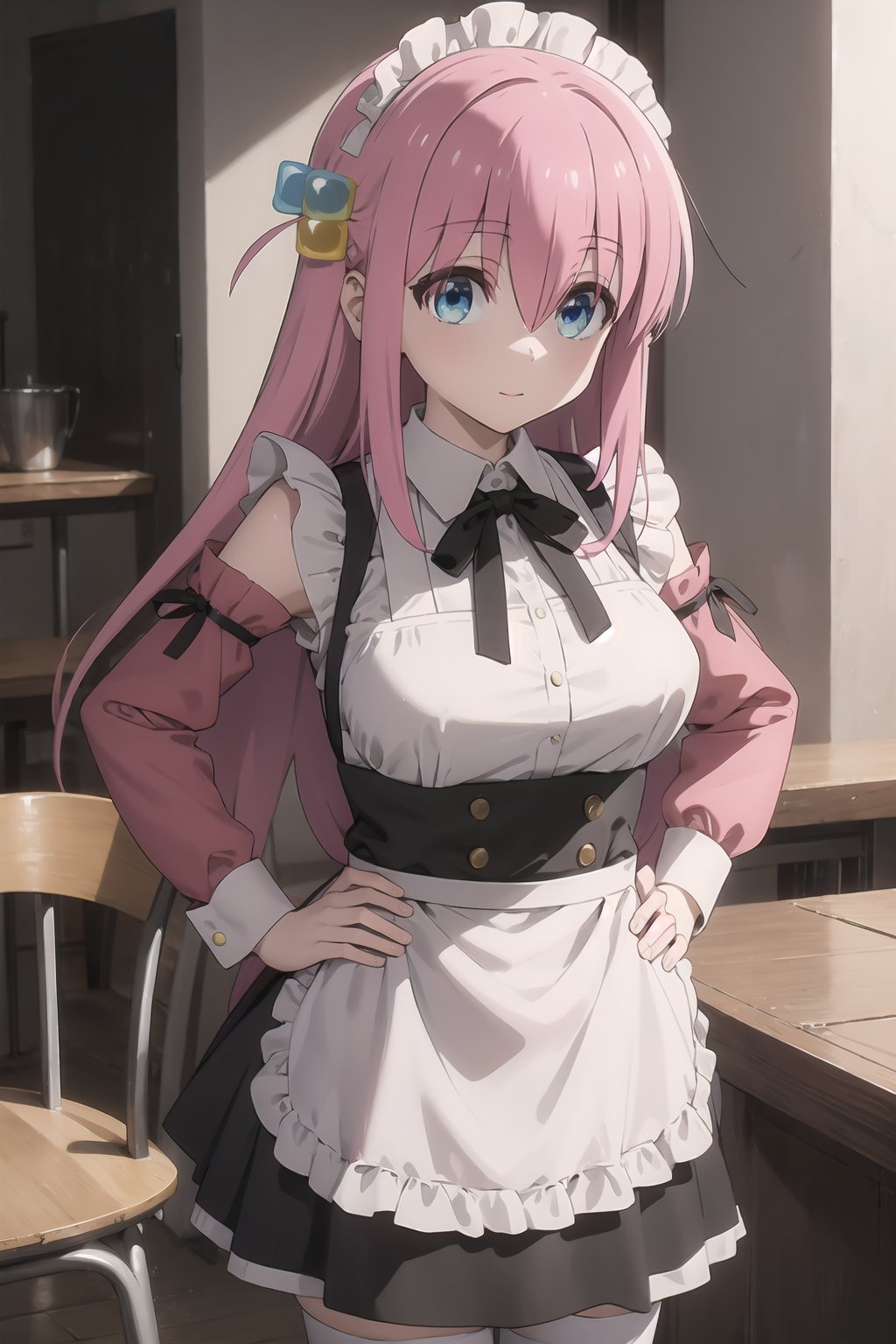 masterpiece, best quality, gigantic breasts, oppais gigantic, pink hair, cube hair ornament, solo, jacket, blue eyes, long hair, bag, looking at viewer, bangs, hair between eyes, Bocchi the rock, hitori gotoh, blue eyes, pink hair, hair ornament, hair ribbon, long hair, x hair ornament,
BREAK apron, black ribbon, black skirt, black sleeves, detached collar, detached sleeves, flower, frilled apron, frilled skirt, frills, head wreath, long sleeves, maid, miniskirt, neck ribbon, purple ribbon, ribbon, ribbon trim, ribbon-trimmed sleeves, roswaal mansion maid uniform, long hair, skirt, big thighhighs, waist apron, white apron, white thighhighs,
BREAK outdoors, city,
BREAK looking at viewer, 
BREAK (masterpiece:1.2), best quality, high resolution, unity 8k wallpaper, (illustration:0.8), (beautiful detailed eyes:1.6), extremely detailed face, perfect lighting, extremely detailed CG, (perfect hands, perfect anatomy), arms down, hands on hips, well drawn and drawn:0.8, hidden hands, perfect shading, perfect coloring, natural colors, each stroke of the image canvas perfect and with very high details,Bocchi,anime