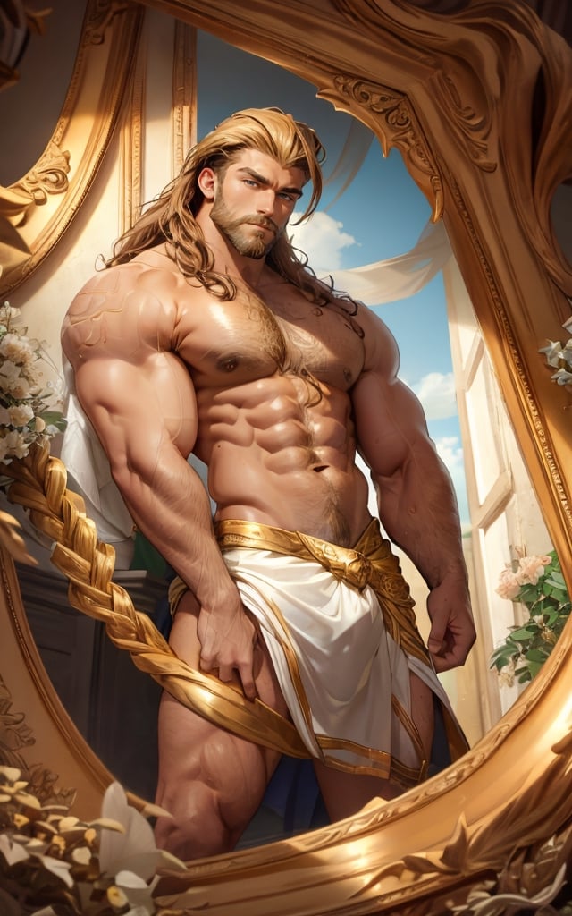 masterpiece,  best quality,  perfect lighting,  detail face,  ((beard)),  blond hair, (long wave hair), detailed eyes, masculine,  protruding pecs,  large pectorals,  handsome man, (Roman), naked, golden laurel wreath on head, , portrait, sunshine, (shine body), shirtless, front, ((From the chest to the face photo)), [(background:Greek Spartan Temple)] dynamic pose,Portrait