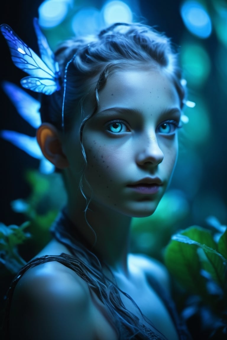 Cinematic of fairy girl, small_nose, realistic artwork, high detailed, professional, upper body photo of a transparent porcelain cute creature looking at viewer, with glowing backlit panels, anatomical plants, dark forest, grainy, shiny, with vibrant colors, colorful, ((realistic skin, glow,)) surreal objects floating, ((floating:1.4)), contrasting shadows, photographic, niji style, 1girl, xxmixgirl, FilmGirl, aura_glowing, colored_aura, Movie Still, final_fantasy_vii_remake