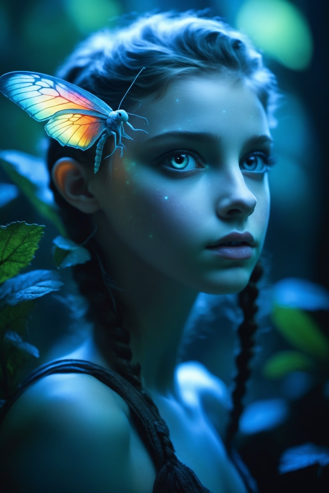 Cinematic of fairy girl, small_nose, realistic artwork, high detailed, professional, upper body photo of a transparent porcelain cute creature looking at viewer, with glowing backlit panels, anatomical plants, dark forest, grainy, shiny, with vibrant colors, colorful, ((realistic skin, glow,)) surreal objects floating, ((floating:1.4)), contrasting shadows, photographic, niji style, 1girl, xxmixgirl, FilmGirl, aura_glowing, colored_aura, Movie Still, final_fantasy_vii_remake