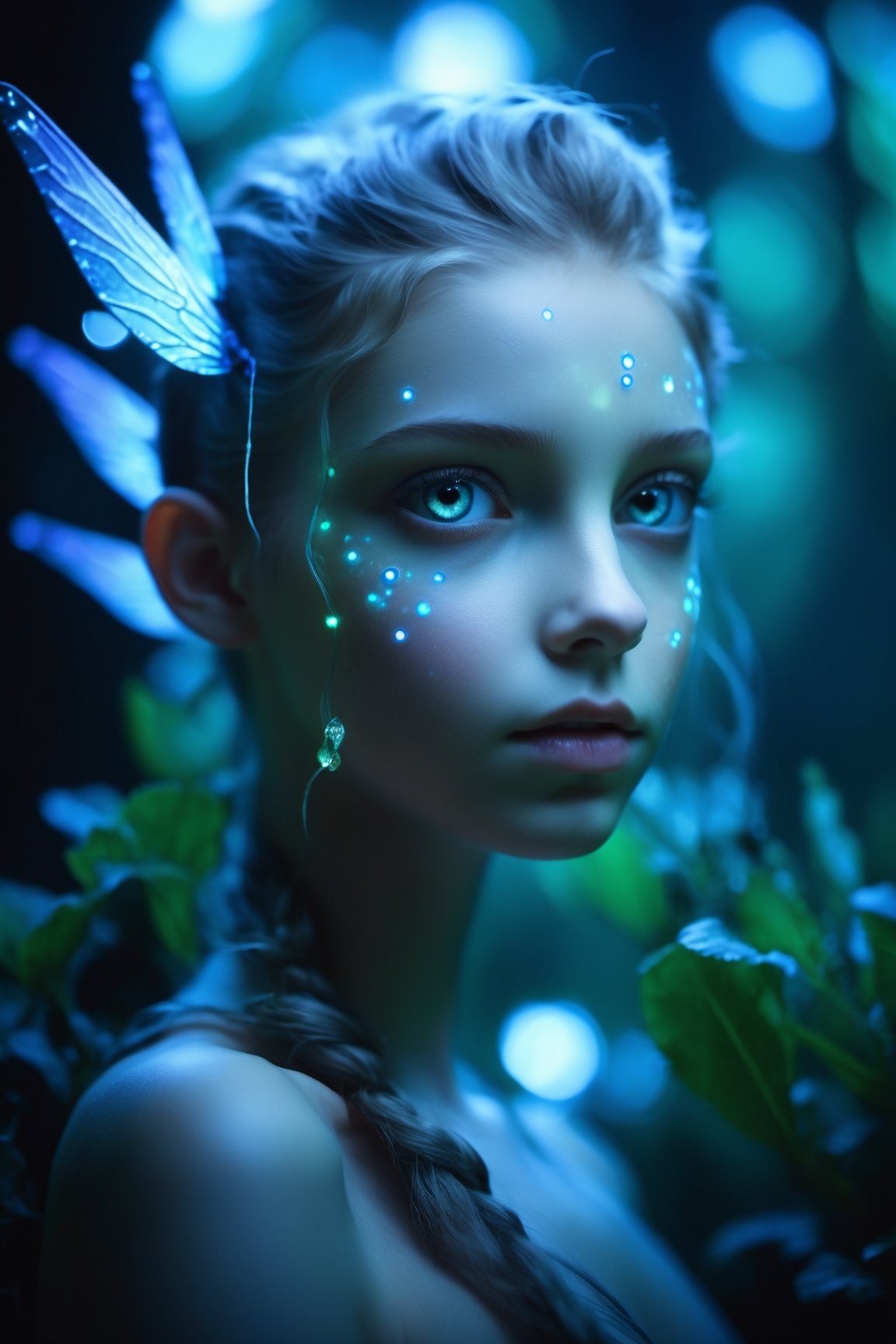 Cinematic of fairy girl, small_nose, realistic artwork, high detailed, professional, upper body photo of a transparent porcelain cute creature looking at viewer, with glowing backlit panels, anatomical plants, dark forest, grainy, shiny, with vibrant colors, colorful, ((realistic skin, glow,)) surreal objects floating, ((floating:1.4)), contrasting shadows, photographic, niji style, 1girl, xxmixgirl, FilmGirl, aura_glowing, colored_aura, Movie Still, final_fantasy_vii_remake