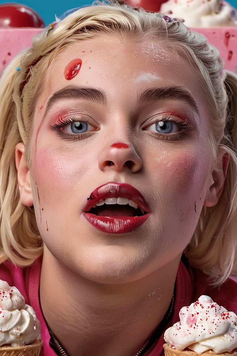 Margot Robbie as Harley Quinn laying down on a big pile of ice creams, relieved, messy hair, ((closeup)), best quality, ultra realistic, photorealistic, a lot of ice creams everywhere, (bare shoulders), narrow shoulders, sticking_out_tongue