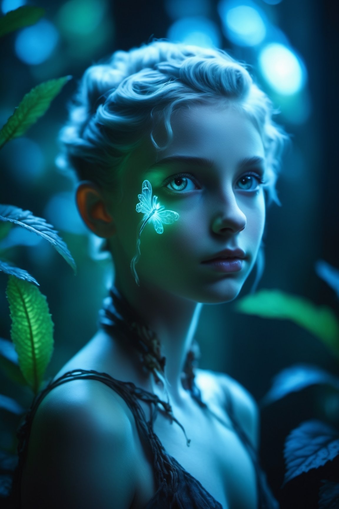 Cinematic of fairy girl, small_nose, realistic artwork, high detailed, professional, upper body photo of a transparent porcelain cute creature looking at viewer, with glowing backlit panels, anatomical plants, dark forest, grainy, shiny, with vibrant colors, colorful, ((realistic skin, glow,)) surreal objects floating, ((floating:1.4)), contrasting shadows, photographic, niji style, 1girl, xxmixgirl, FilmGirl, aura_glowing, colored_aura, Movie Still, final_fantasy_vii_remake