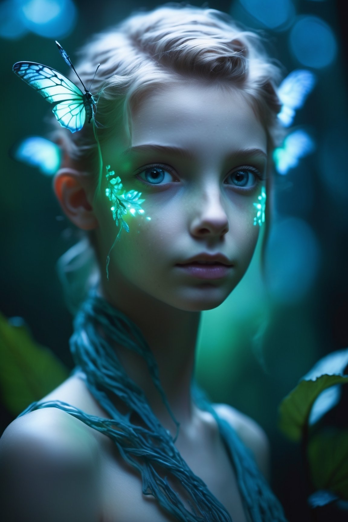 Cinematic of fairy girl, small_nose, realistic artwork, high detailed, professional, upper body photo of a transparent porcelain cute creature looking at viewer, with glowing backlit panels, anatomical plants, dark forest, grainy, shiny, with vibrant colors, colorful, ((realistic skin, glow,)) surreal objects floating, ((floating:1.4)), contrasting shadows, photographic, niji style, 1girl, xxmixgirl, FilmGirl, aura_glowing, colored_aura, Movie Still, final_fantasy_vii_remake