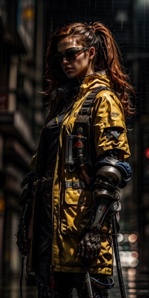 ultra realistic,  hyper realistic,  full details,  25years old young girl,  sexy face,  sharp look,  half cyborg style,  wear long yellow and blue coat,  wear futuristic sunglasses,  long red hair with ponytial,  holding_sword,  in the city of newyork,  the weather is heavy raining,  cinematic lighting,  ultra realistic,  full body shot,  detailed skin,  masterpiece,  best quality,perfecteyes,urban techwear