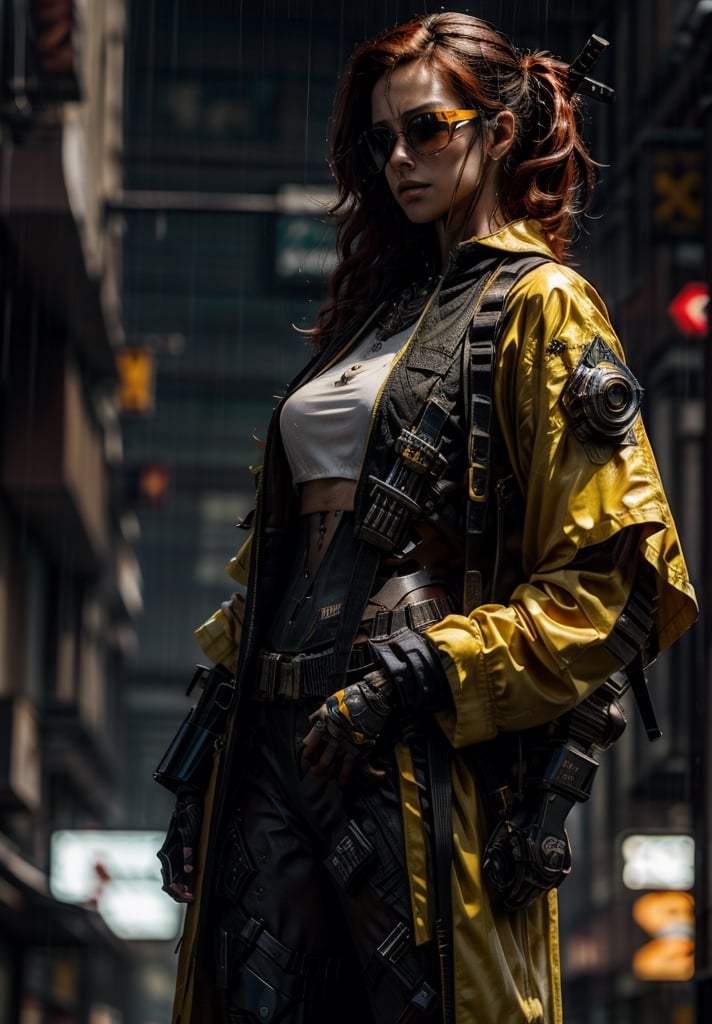 ultra realistic,  hyper realistic,  full details, 30years old young girl, sexy face,  sharp look, half cyborg style, wear long yellow and blue coat,  wear futuristic sunglasses,  long red hair with ponytial,  holding_katana,  in the city of newyork,  the weather is heavy raining,  cinematic lighting,  ultra realistic,  full body shot,  detailed skin, masterpiece,  best quality,perfecteyes,urban techwear, 8k, HD quality, 4K