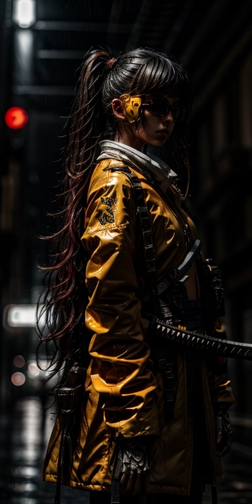 ultra realistic,  hyper realistic,  full details,  25years old young girl,  sexy face,  sharp look,  half cyborg style,  wear long yellow and blue coat,  wear futuristic sunglasses,  long red hair with ponytial,  holding_katana_sword,  in the city of newyork,  the weather is heavy raining,  cinematic lighting,  ultra realistic,  full body shot,  detailed skin, masterpiece,  best quality,perfecteyes,urban techwear, 8k, HD quality, 4K