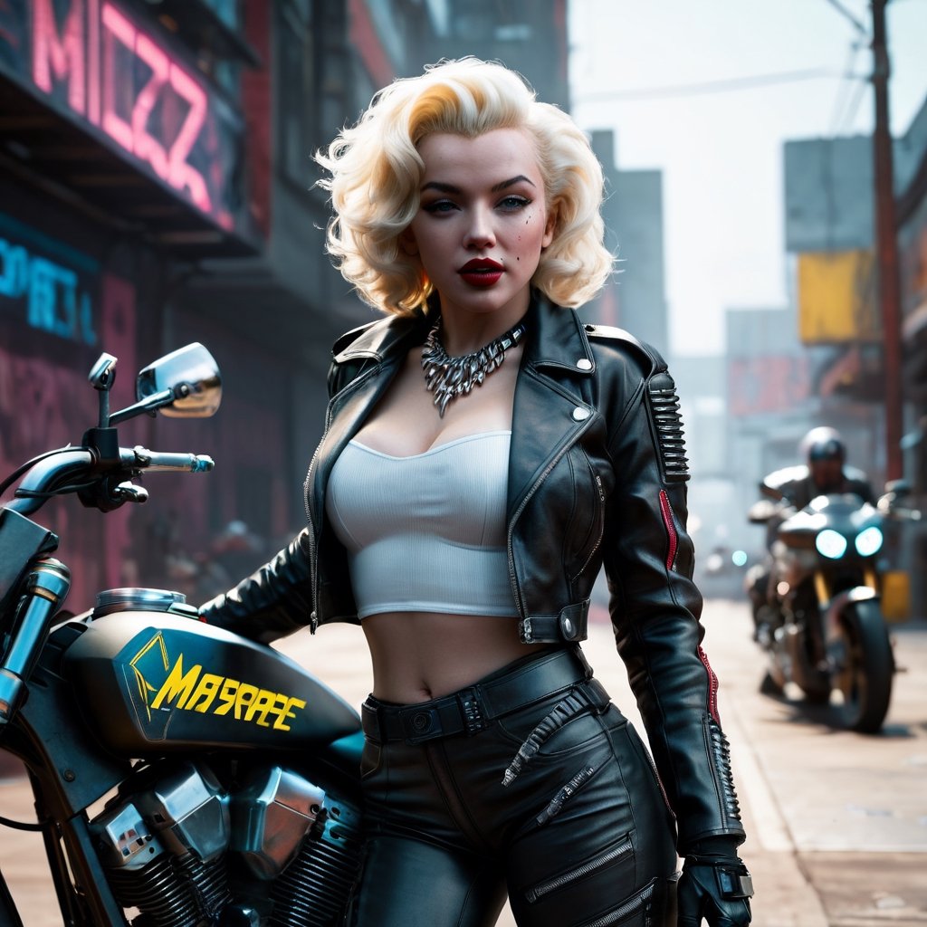 (full shot:1.2), (detailed face: 1.2), Best quality, masterpiece, ultra-high resolution, (photorealistic: 1.2), (best quality)), ((masterpiece)), 1 girl, marilyn monroe, biker outfit, cyberpunk 2077 world, realistic photo, full body, ultra details,photo r3al