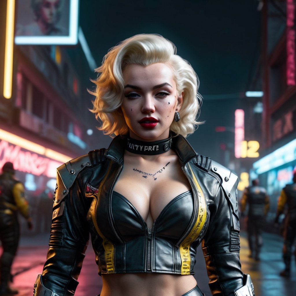 (full shot:1.2), (detailed face: 1.2), Best quality, masterpiece, ultra-high resolution, (photorealistic: 1.2), (best quality)), ((masterpiece)), 1 girl, marilyn monroe, biker outfit, cyberpunk 2077 world, realistic photo, full body, ultra details,photo r3al