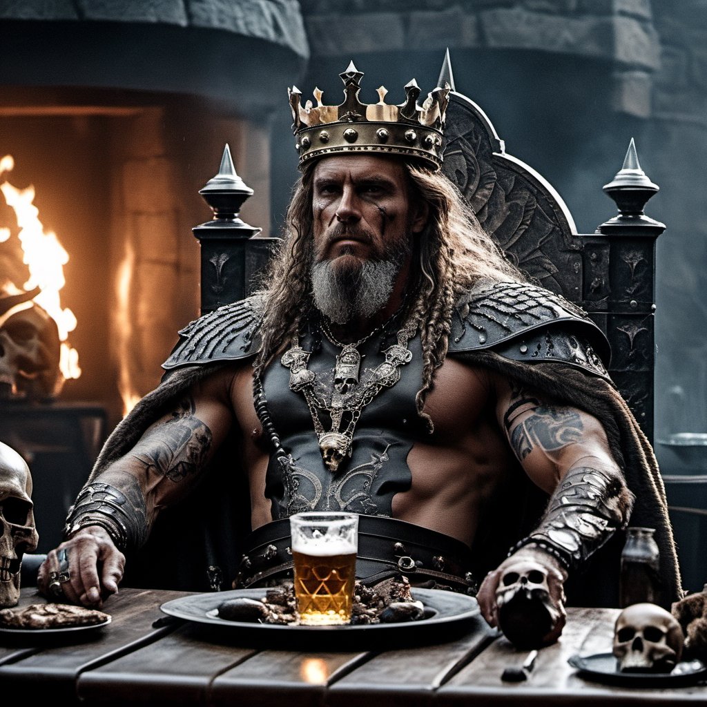 (full shot:1.2), (detailed face: 1.2), Best quality, masterpiece, ultra-high resolution, (photorealistic: 1.2), (best quality)), ((masterpiece)), an old king, muscular body, long hair, tattoos full body, skulls ring, drink beer on a full dining table, sit on skulls chair, ancient era, old castle, big crown, rain weather, big fire place, hold big sword cinematic lighting,Movie Still,detailmaster2