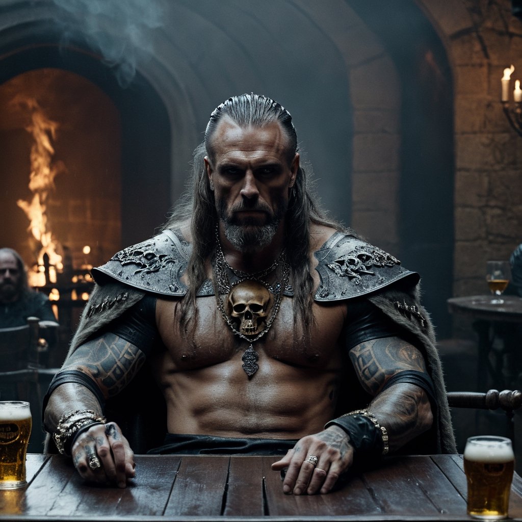 (full shot:1.2), (detailed face: 1.2), Best quality, masterpiece, ultra-high resolution, (photorealistic: 1.2), (best quality)), ((masterpiece)), an old king, muscular body, long hair, tattoos full body, skulls ring, drink beer on a full dining table , sit on old chair, ancient era, old castle, big skulls crown, rain weather, big fire place, cinematic lighting,Movie Still,detailmaster2