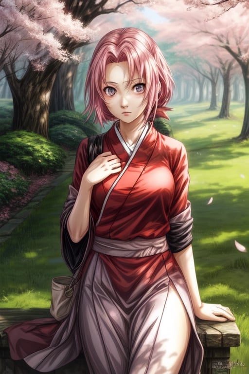 Generate a high-quality image of Sakura from the anime 'Naruto' in a non-combat, relaxed pose. Sakura should be depicted in a standing or sitting position, exuding a sense of calmness and serenity. Ensure her facial expression reflects tranquility and inner peace. The background should complement Sakura's character and not depict any fighting scenes. Instead, consider a serene natural setting such as a cherry blossom garden or a peaceful meadow with soft sunlight filtering through the trees. Sakura's attire should be true to her character design from the anime, with attention to detail and accuracy. Additionally, please incorporate subtle elements that convey Sakura's personality traits, such as determination and kindness. Use [insert website URL] to generate the image, ensuring it meets high-quality standards and captures the essence of Sakura's character from 'Naruto' accurately