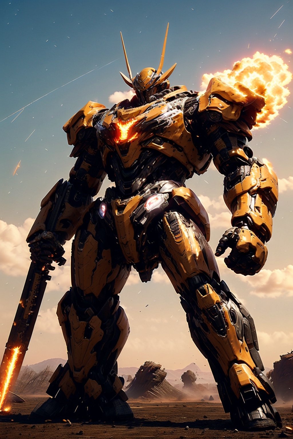 Create an awe-inspiring scene featuring a colossal mech, towering over a war-torn landscape, its metallic frame gleaming in the fiery glow of battle. The mech exudes an aura of power and dominance, adorned with intricate designs and glowing energy cores pulsating with untapped potential. Its massive limbs are equipped with formidable weaponry, crackling with energy ready to unleash devastation upon its enemies. Surrounding the mech are swirling clouds of dust and debris, stirred up by the sheer force of its movements, as it strides forward with an unstoppable determination, a symbol of unstoppable might in the midst of chaos,photorealistic