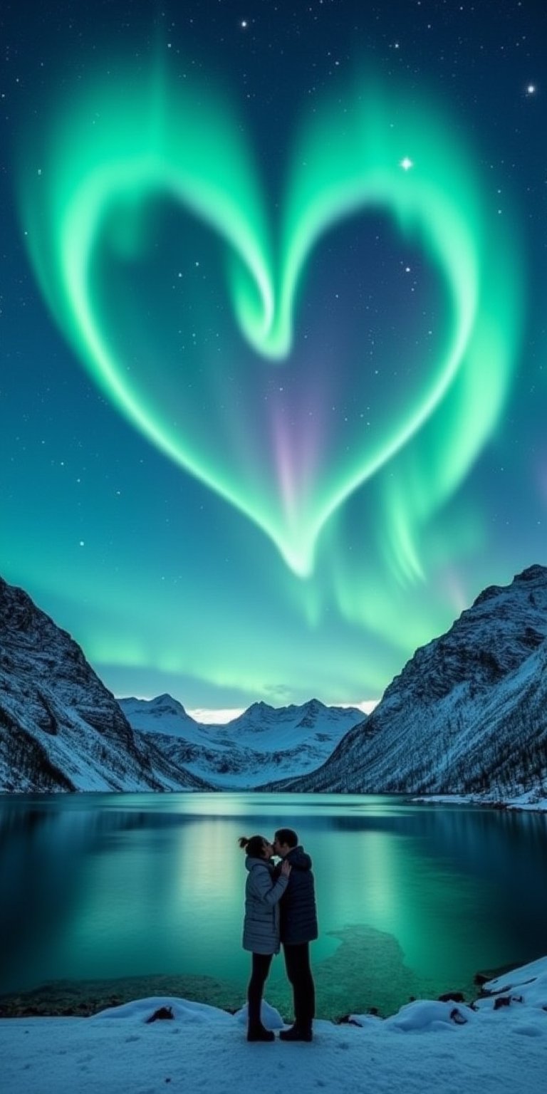 (Heart shaped:1.2) aurora borealis, over snowy mountains, lake, people kissing, high quality, extreme details, masterpiece