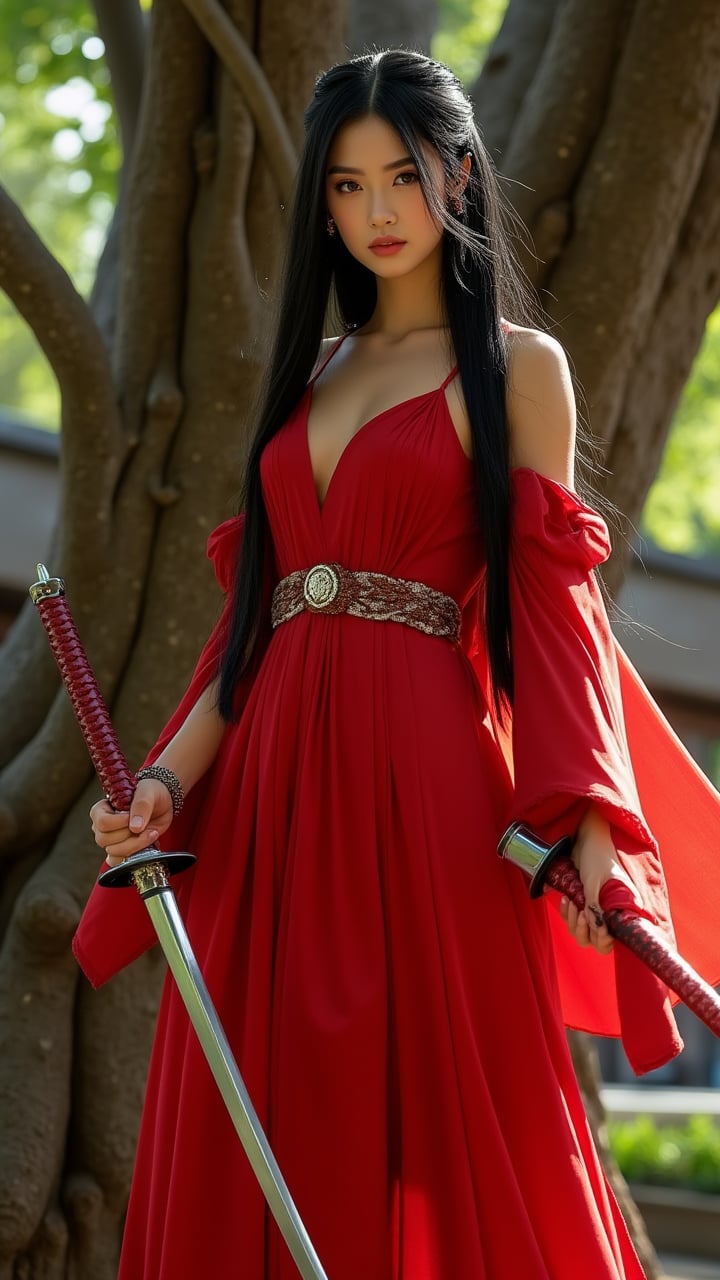 A stunning solo female figure stands in a heroic pose, her long black hair flowing down her back, adorned with a shimmering ornament. She wears a bold red dress with wide sleeves and a matching sash, showcasing her medium-sized breasts as she gazes directly at the viewer with a closed mouth expression. In each hand, she wields a gleaming katana, its metallic sheen catching the light as she holds them in a confident stance beneath the shade of a majestic tree. A delicate bracelet adorns her wrist, drawing attention to the intricate design.