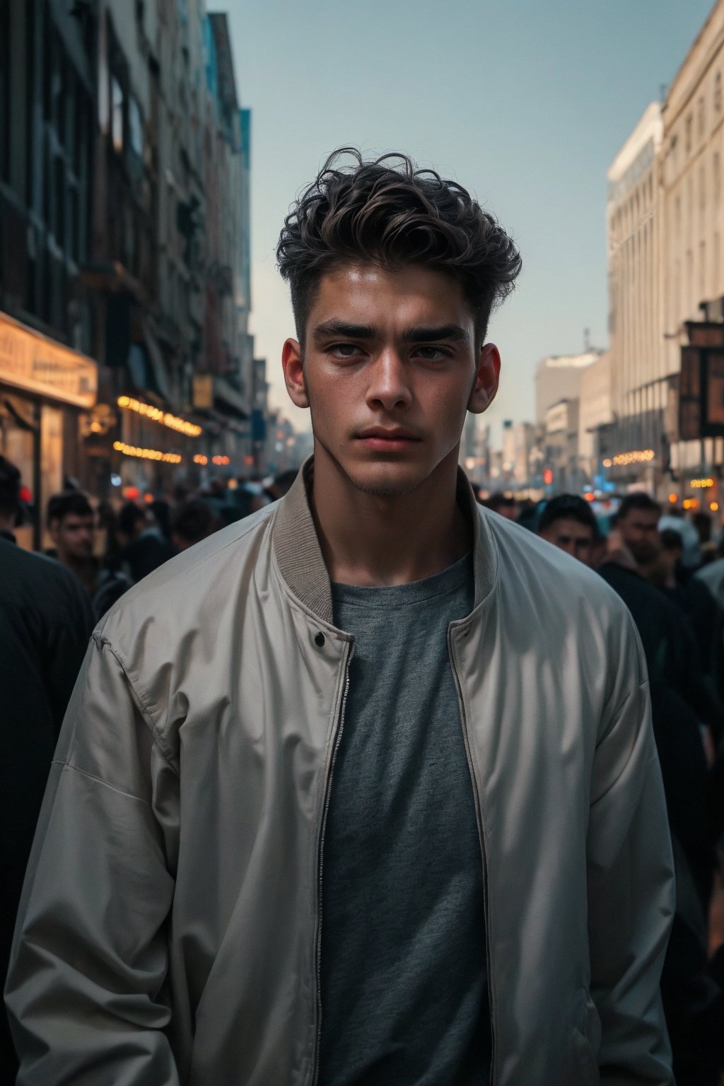 (( film grain, cinematic film, RAW photo, dark, intricate detail, grainy, niosy, gritty, vintage paper, ))
.
.
A young man standing on a crowded street in a big city, looking up at the skyscrapers. He is wearing a jacket and has a determined expression on his face. The sky is visible in the background.