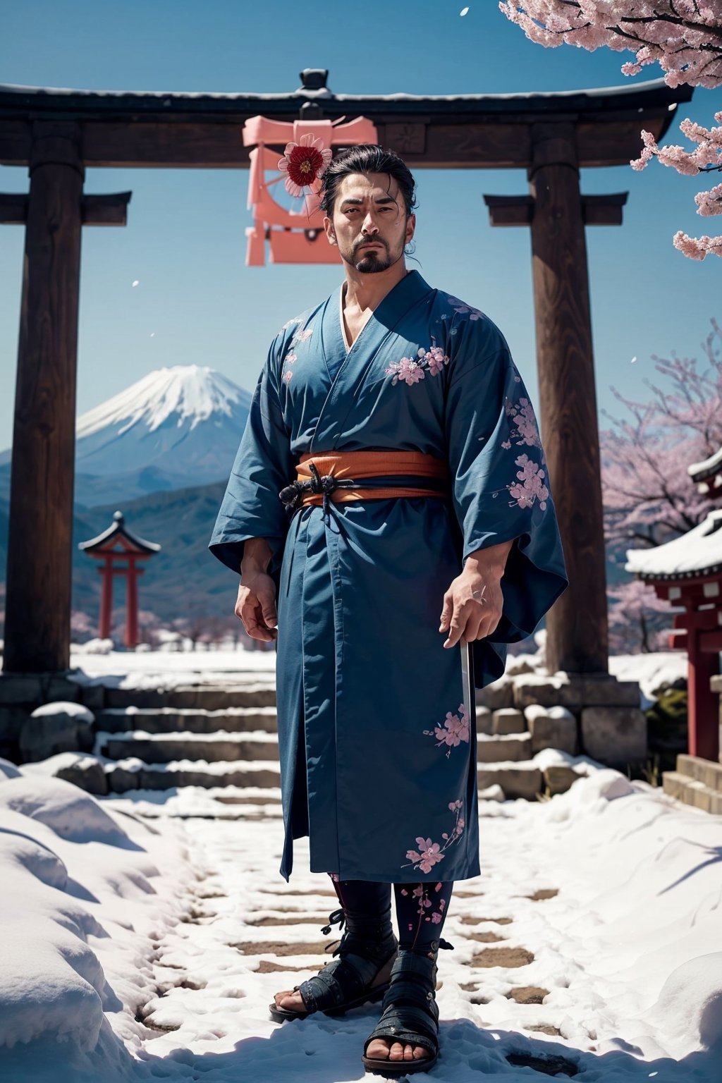 midjourney, niji, 1boy, (((full body portrait))), cut off top of head, hand in frame
,1guy, Random background, wearing best clothes, Cartoon, High detailed face, Realism, beard, (((A stoic samurai with a weathered face and a steely gaze, clad in a deep blue kimono adorned with intricate silver embroidery depicting cherry blossoms. He stands confidently beneath a majestic torii gate, the rising sun casting a warm glow on his katana held firmly in his grasp. Mount Fuji looms majestically in the background, its snow-capped peak symbolizing resilience and strength.)))