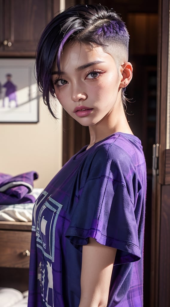 a portrait of 18 yo woman, ((Small Breasts:0.8)), ((Cara Delevingne:0.3), (Kasumi Arimura:0.7)), (hi-top fade:1.3), soothing tones, muted colors, high contrast, (natural skin texture, hyperrealism, soft light, sharp), ((((A Purple Flannel Tunic, t-shirt)),realhands,,Hori,better_hands,1 girl