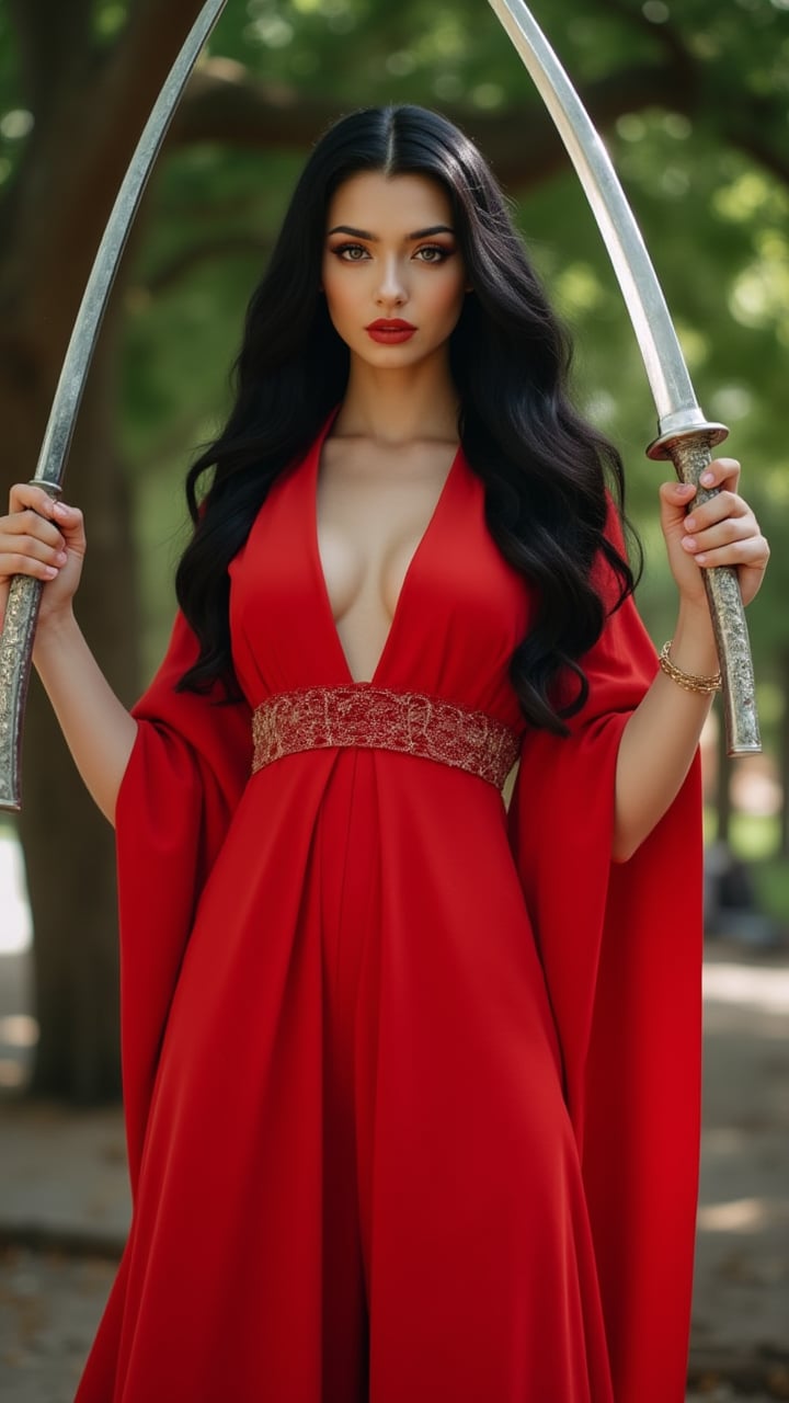 A stunning solo female figure stands in a heroic pose, her long black hair flowing down her back, adorned with a shimmering ornament. She wears a bold red dress with wide sleeves and a matching sash, showcasing her medium-sized breasts as she gazes directly at the viewer with a closed mouth expression. In each hand, she wields a gleaming katana, its metallic sheen catching the light as she holds them in a confident stance beneath the shade of a majestic tree. A delicate bracelet adorns her wrist, drawing attention to the intricate design.