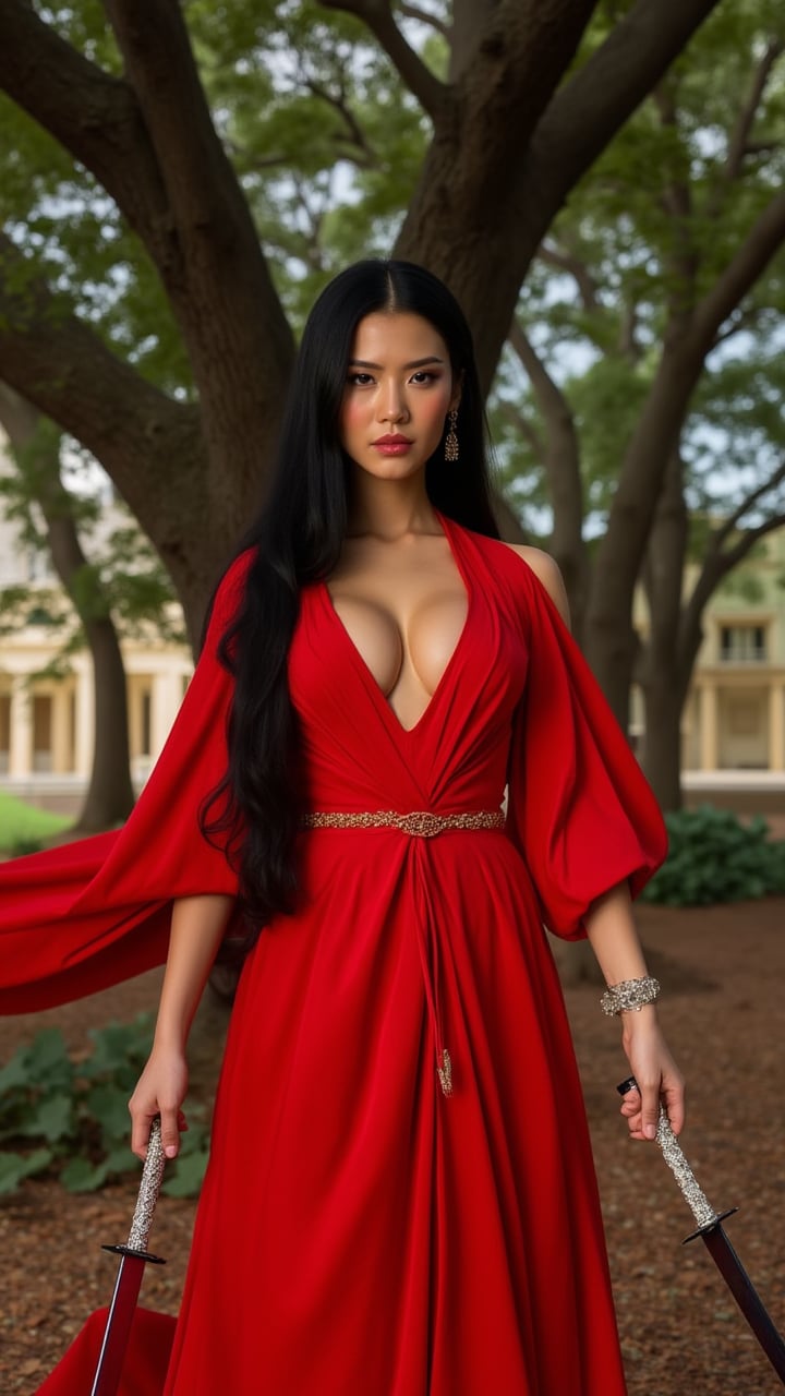 A stunning solo female figure stands in a heroic pose, her long black hair flowing down her back, adorned with a shimmering ornament. She wears a bold red dress with wide sleeves and a matching sash, showcasing her medium-sized breasts as she gazes directly at the viewer with a closed mouth expression. In each hand, she wields a gleaming katana, its metallic sheen catching the light as she holds them in a confident stance beneath the shade of a majestic tree. A delicate bracelet adorns her wrist, drawing attention to the intricate design.