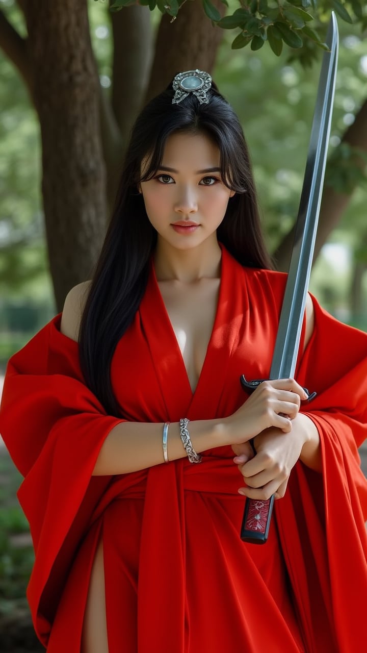 A stunning solo female figure stands in a heroic pose, her long black hair flowing down her back, adorned with a shimmering ornament. She wears a bold red dress with wide sleeves and a matching sash, showcasing her medium-sized breasts as she gazes directly at the viewer with a closed mouth expression. In each hand, she wields a gleaming katana, its metallic sheen catching the light as she holds them in a confident stance beneath the shade of a majestic tree. A delicate bracelet adorns her wrist, drawing attention to the intricate design.