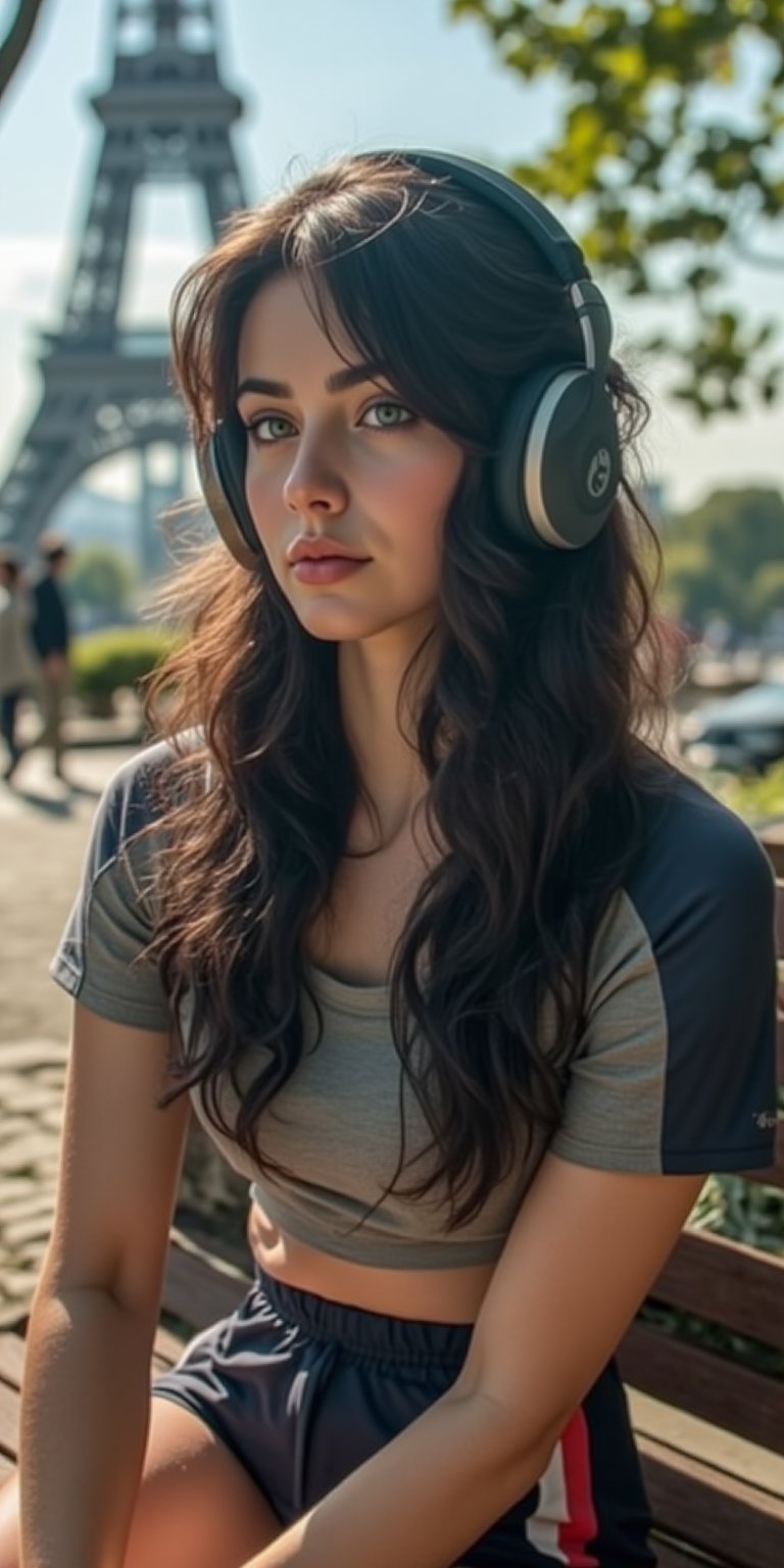 Master piece, generate image of a Girl with headphones, cap, dreamy expression, sitting a bench in the gardens of the Eiffel tower, training wear, t-shirt and sport shorts, (ultra detailed perfect piece:1.2), illustration, masterpiece, (extremely detailed CG 8k), (very fine 8K CG), (1girl:1.2), (dark hair), long hair, wavy hair, hair over one eye, sparkling, light blue eyes, looking at side,