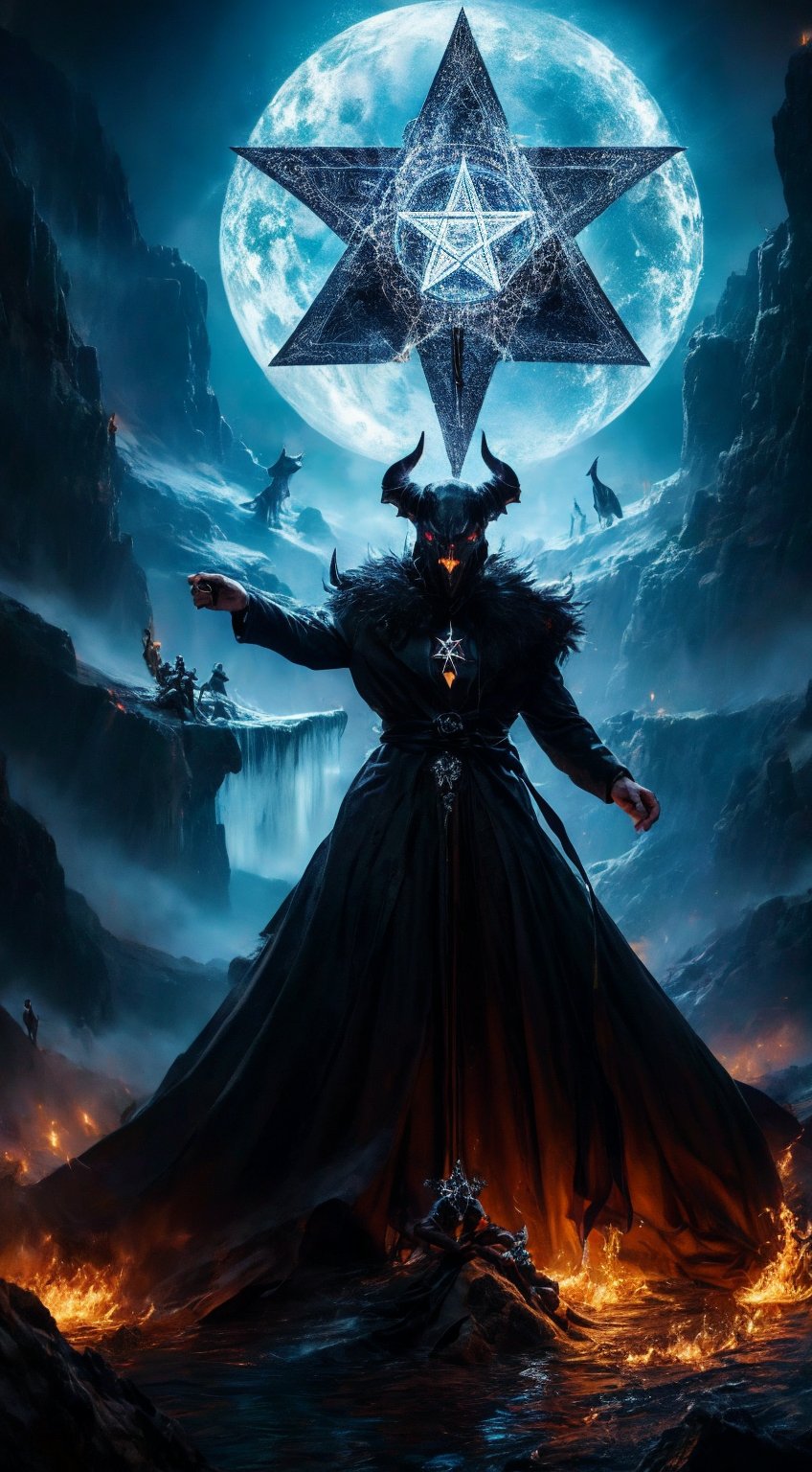 Create an image depicting a modern interpretation of Satanism, focusing on a symbolic pentagram surrounded by individuals expressing personal freedom and individuality, with a dark and mystical background highlighting both controversial and philosophical elements of the subject,Fantasy detailers,Hyper Realistic photo 