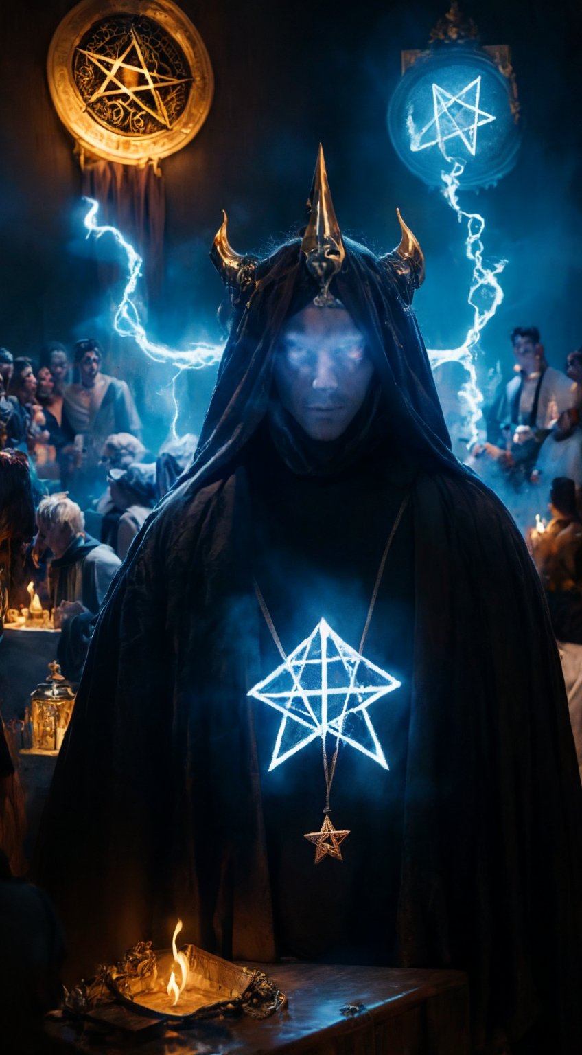 Create an image depicting a modern interpretation of Satanism, focusing on a symbolic pentagram surrounded by individuals expressing personal freedom and individuality, with a dark and mystical background highlighting both controversial and philosophical elements of the subject,Fantasy detailers,Hyper Realistic photo 