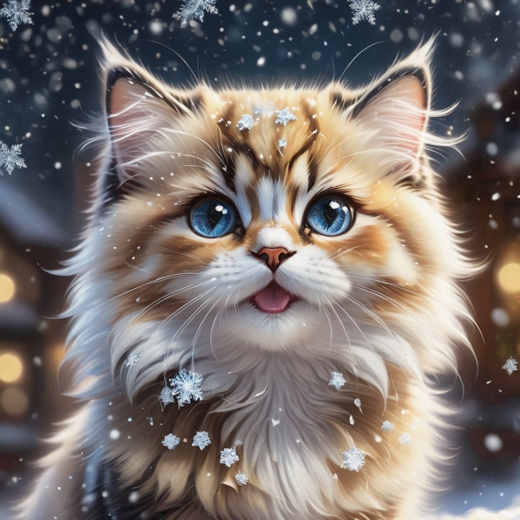 little fluffy Persian Calico kitten playing with little snowflakes, small
detailed eyes with highlights, long eyelashes, fur, original style, cute, cute and charming, fantasy with glowing eyes, sparkling snow, soft light, glitter, professional photo, beautiful,3d, realistic, 8k, high resolution, cgi, hyperrealism, 1/300's, highly detailed digital painting, bizarre