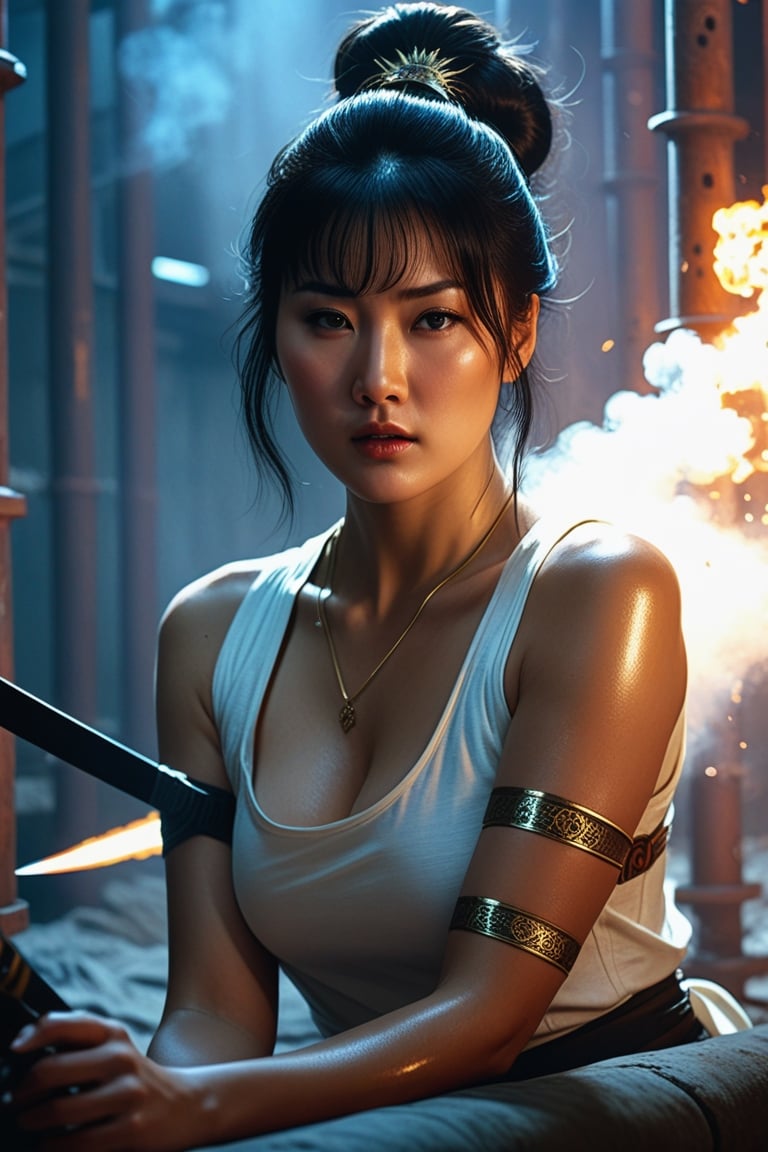 Close-up, 8K Ultra HD. A girl in white lies on the ground, photo of a Chinese woman, sad Steven Seagal in a prison cell, Three Kingdoms of China, sharp focus, emitting diodes, smoke, artillery, sparks, racks, system unit, motherboard, author Pascal Blanche Rutkowski Repin artstation hyperrealism painting concept -art detailed character design matte painting, blade runner in 4k resolution in the style of Jeremy Mann and Charles Dana Gibson, Mark Demsteader, Paul Hedley. Studio Ghibli Genshin Impact, vector illustration