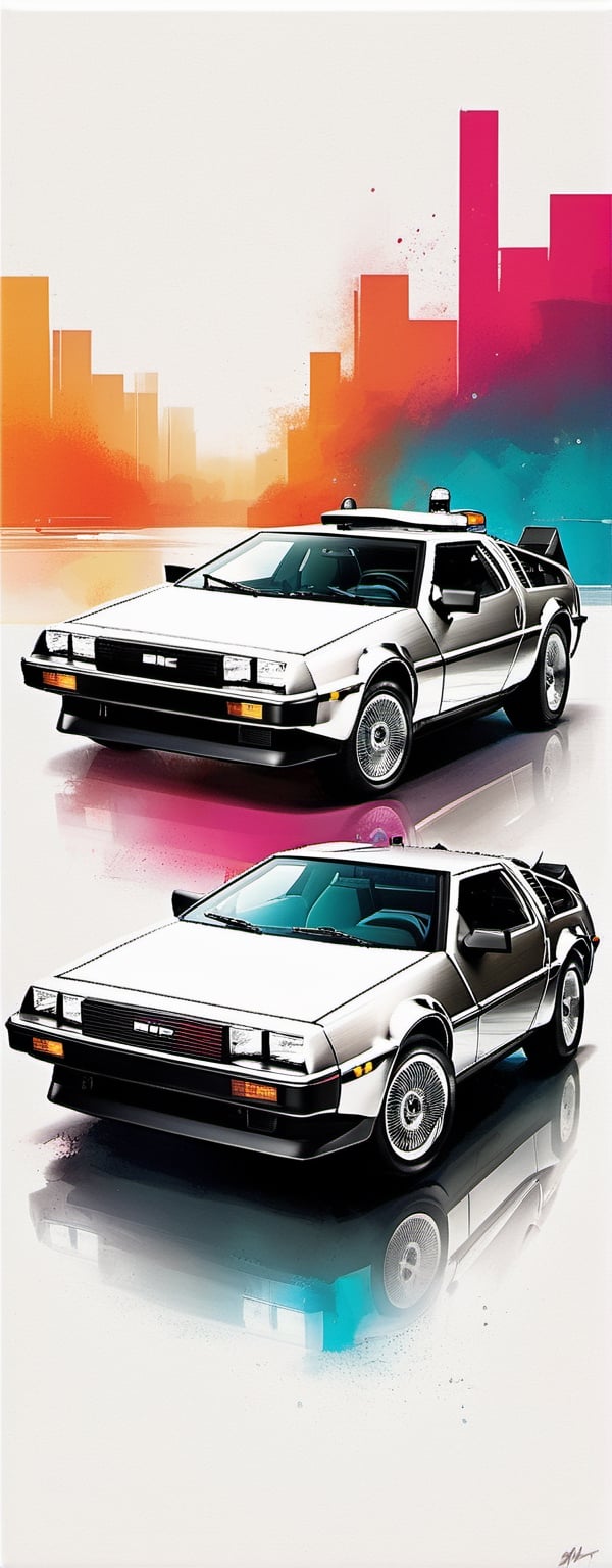 (best quality,ultra-detailed,realistic:1.2) technology, clean lines, minimalist artwork, vibrant color palette, soft lighting, Delorean, DMC-12