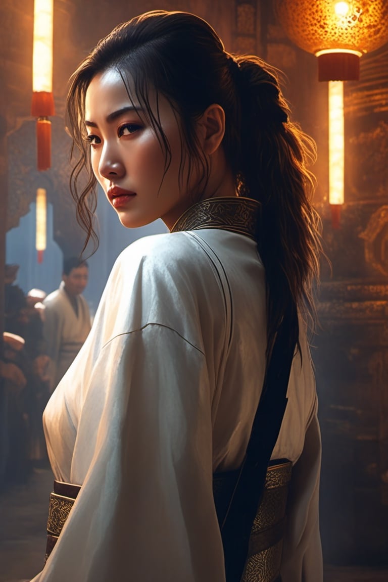 Close-up, 8K Ultra HD. A girl in white lies on the ground, photo of a Chinese woman, sad Steven Seagal in a prison cell, Three Kingdoms of China, sharp focus, emitting diodes, smoke, artillery, sparks, racks, system unit, motherboard, author Pascal Blanche Rutkowski Repin artstation hyperrealism painting concept -art detailed character design matte painting, blade runner in 4k resolution in the style of Jeremy Mann and Charles Dana Gibson, Mark Demsteader, Paul Hedley. Studio Ghibli Genshin Impact, vector illustration,ink 