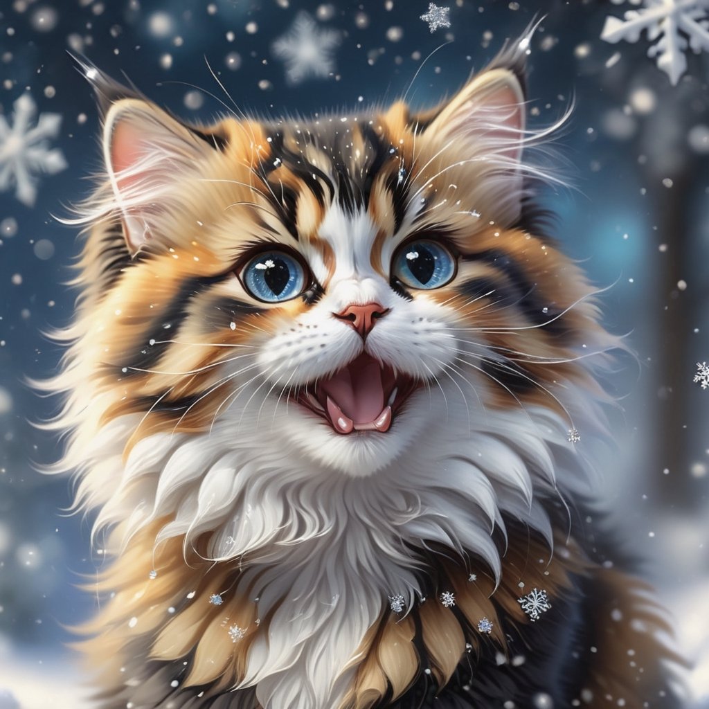 little fluffy Persian Calico kitten playing with little snowflakes, small
detailed eyes with highlights, long eyelashes, fur, original style, cute, cute and charming, fantasy with glowing eyes, sparkling snow, soft light, glitter, professional photo, beautiful,3d, realistic, 8k, high resolution, cgi, hyperrealism, 1/300's, highly detailed digital painting, bizarre