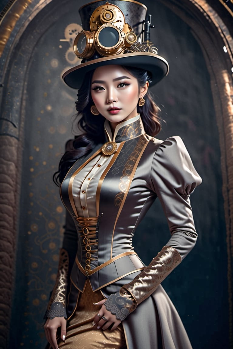 Full body shot, wearing gold shades, choke collar, HZ steampunk, Asian female, grey pupils, very tight victorian style dress that covers her entire body, Wearing victorian era hat, use gold and silver color for fashion, black intricate design on the dress, steampunk style, seductive smirk,