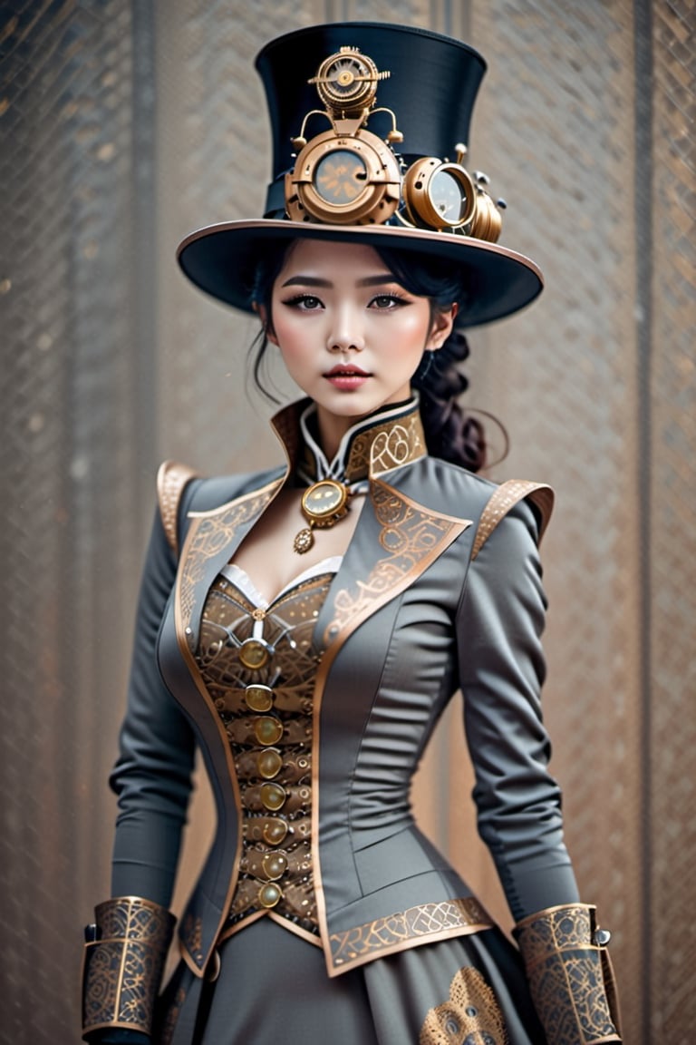 Full body shot, wearing gold shades, choke collar, HZ steampunk, Asian female, grey pupils, very tight victorian style dress that covers her entire body, Wearing victorian era hat, use gold and silver color for fashion, black intricate design on the dress, steampunk style, seductive smirk,