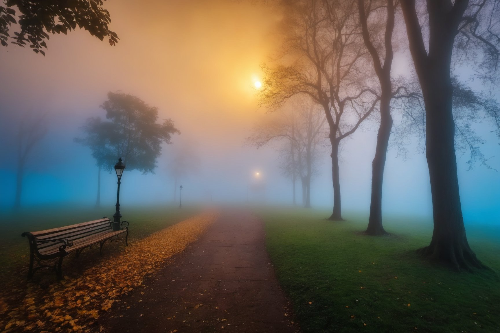 The park at rain, twilight, fog, mist, golden hour, blue vibes 