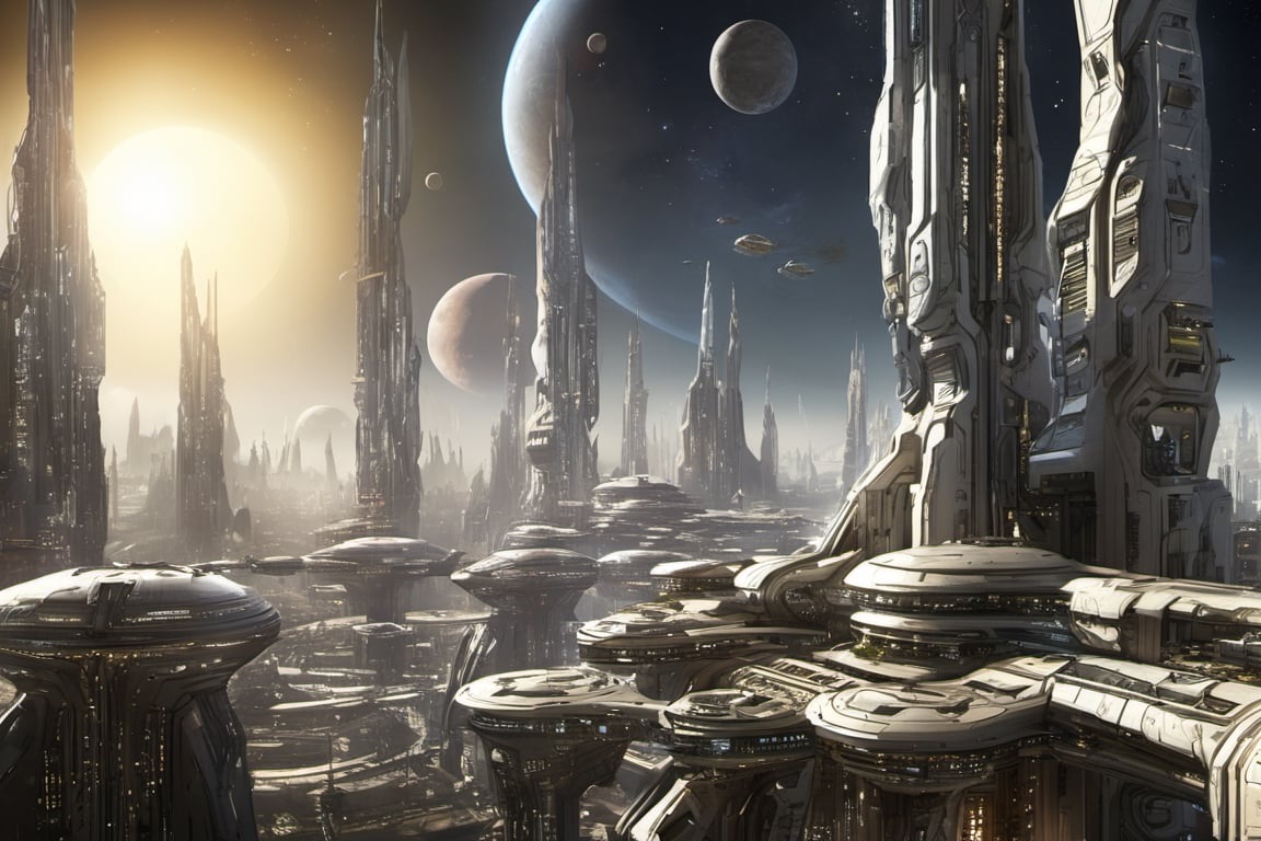  space, high_resolution, high detail , realistic, realism, futuristic, galactic capital city, techno, ancient, mystic, ion_engines, many small space ships