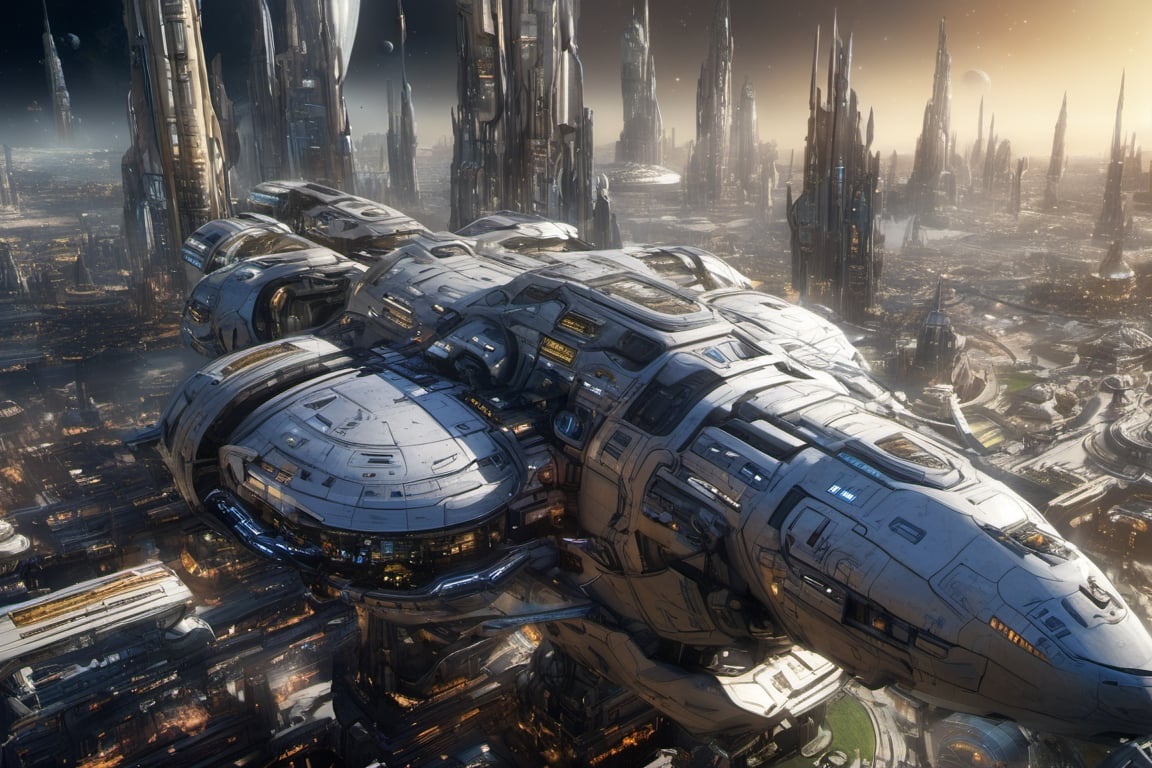  space, high_resolution, high detail , realistic, realism, futuristic, galactic capital city, techno, ancient, mystic, ion_engines, many small space ships