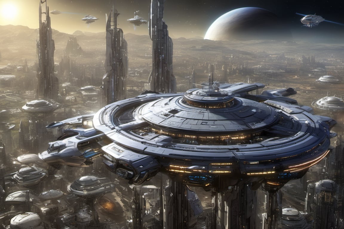  space, high_resolution, high detail , realistic, realism, futuristic, galactic capital city, techno, ancient, mystic, ion_engines, many small space ships