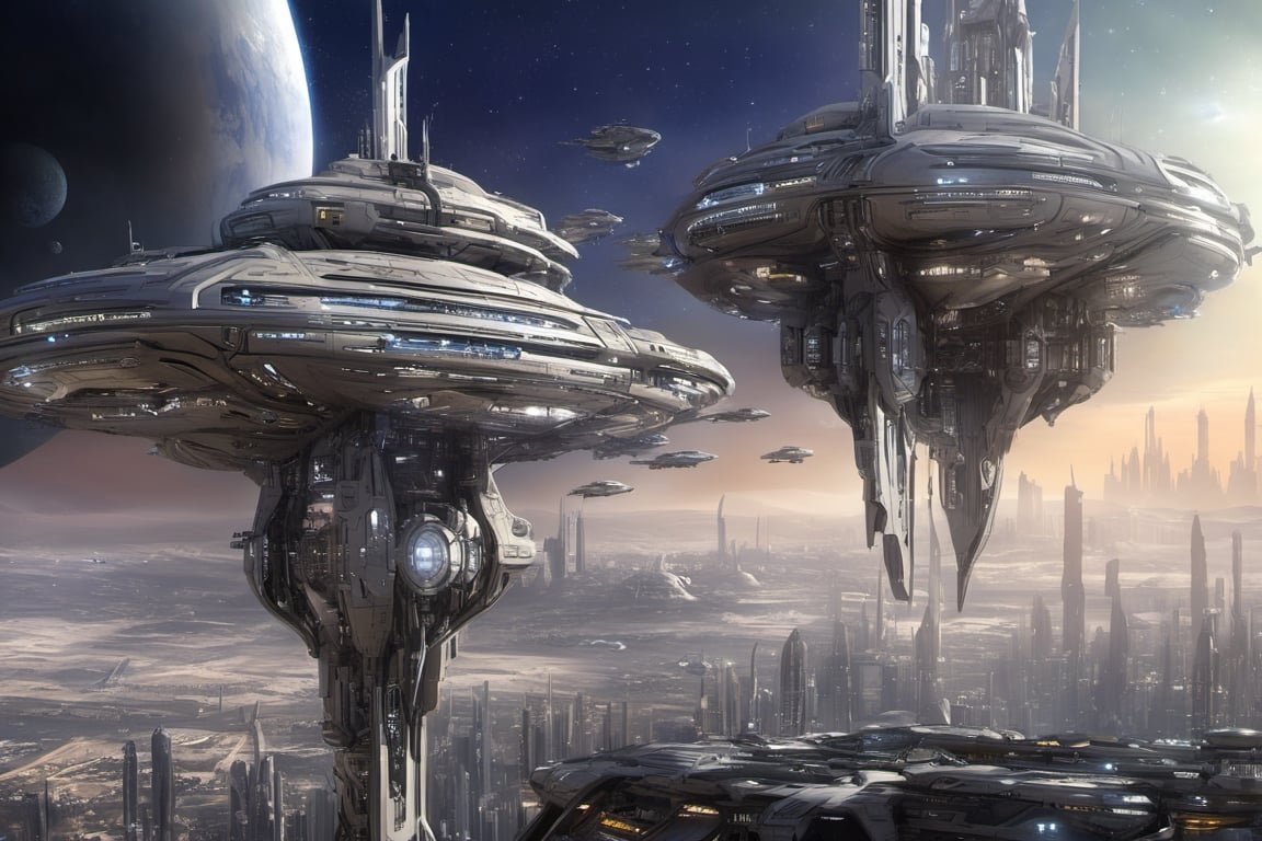  space, high_resolution, high detail , realistic, realism, futuristic, galactic capital city, techno, ancient, mystic, ion_engines, many small space ships