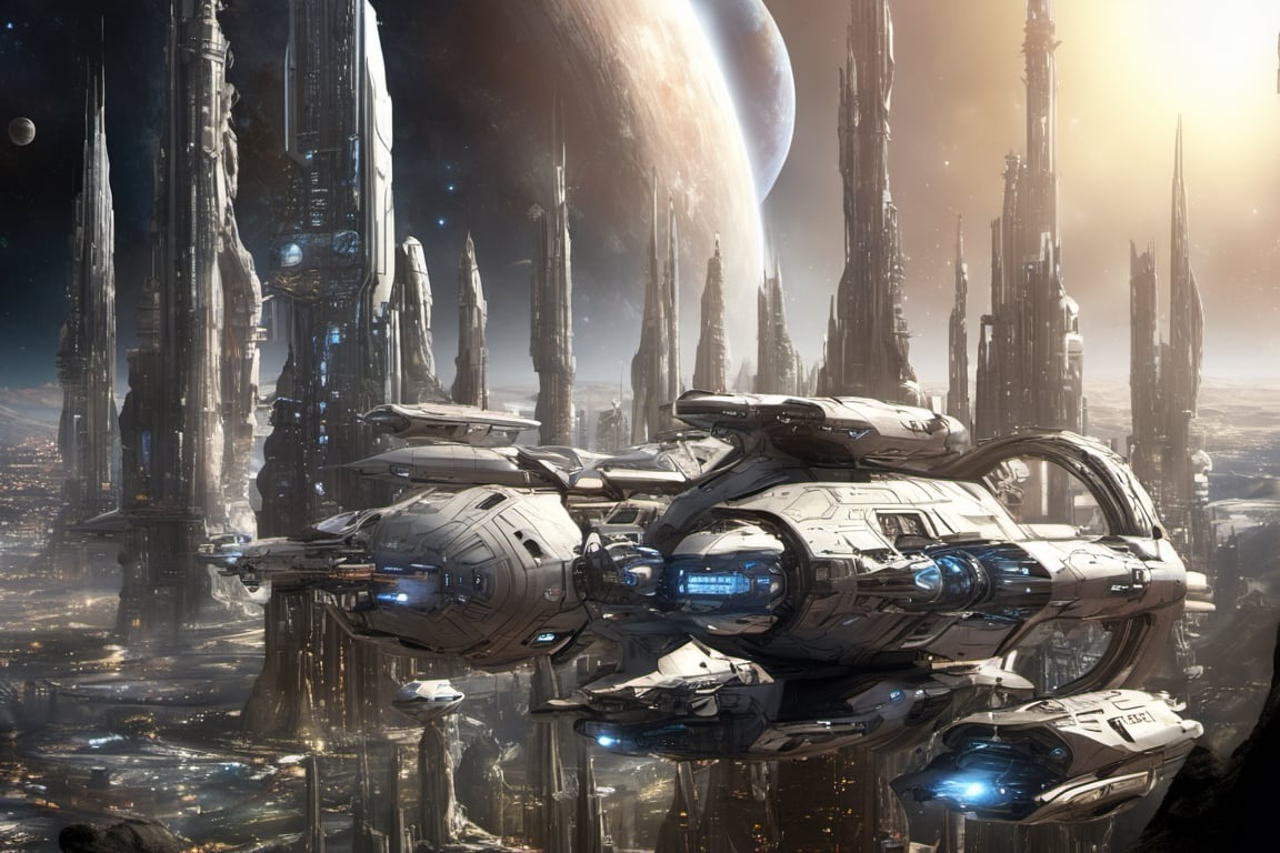  space, high_resolution, high detail , realistic, realism, futuristic, galactic capital city, techno, ancient, mystic, ion_engines, many small space ships