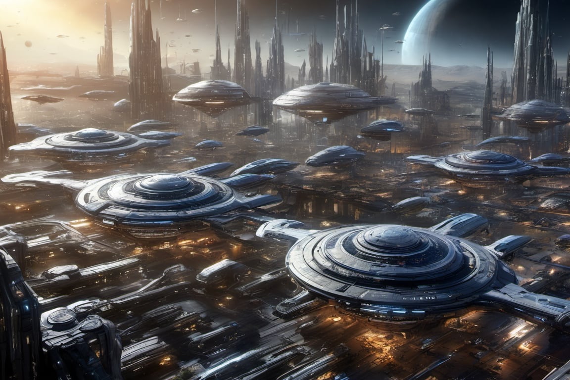  space, high_resolution, high detail , realistic, realism, futuristic, galactic capital city, techno, ancient, mystic, ion_engines, many small space ships in the background