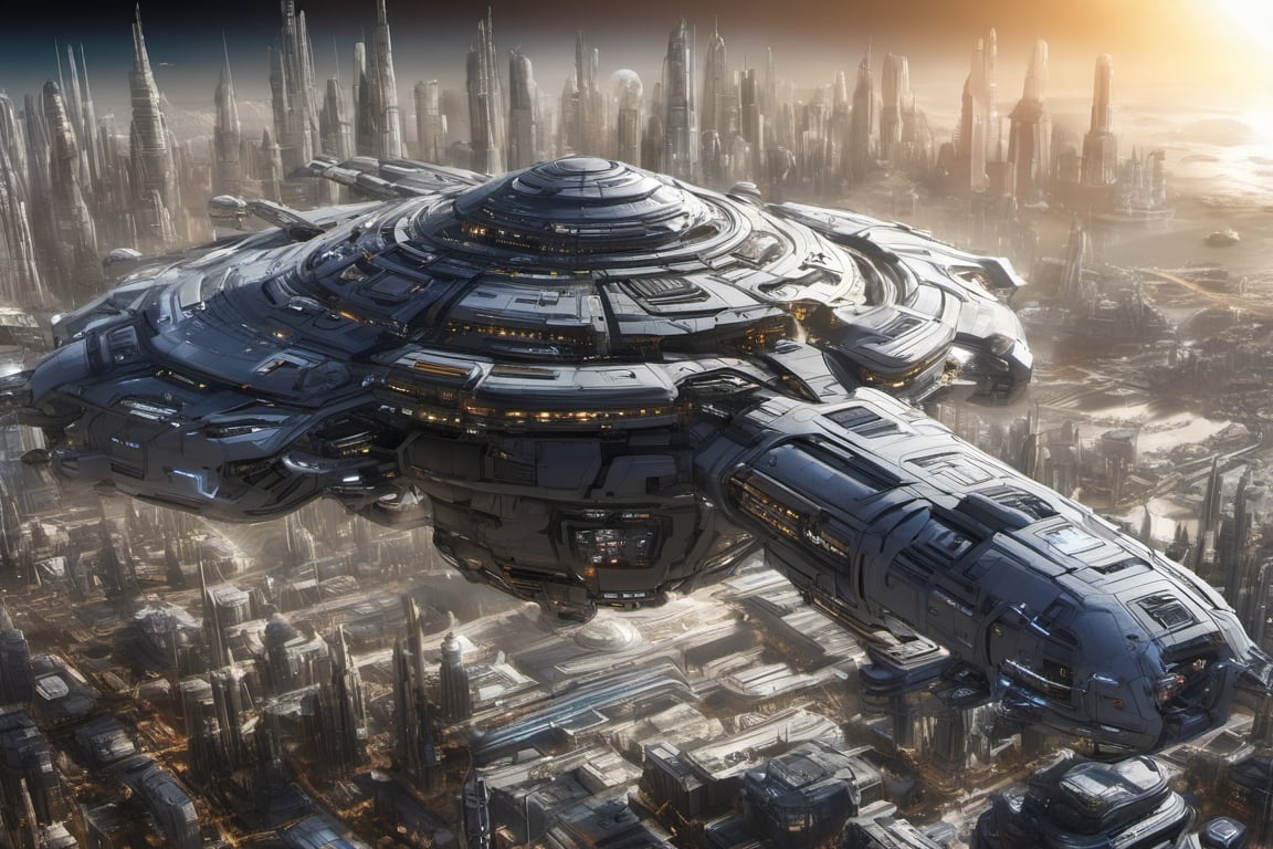  space, high_resolution, high detail , realistic, realism, futuristic, galactic capital city, techno, ancient, mystic, ion_engines, many small space ships