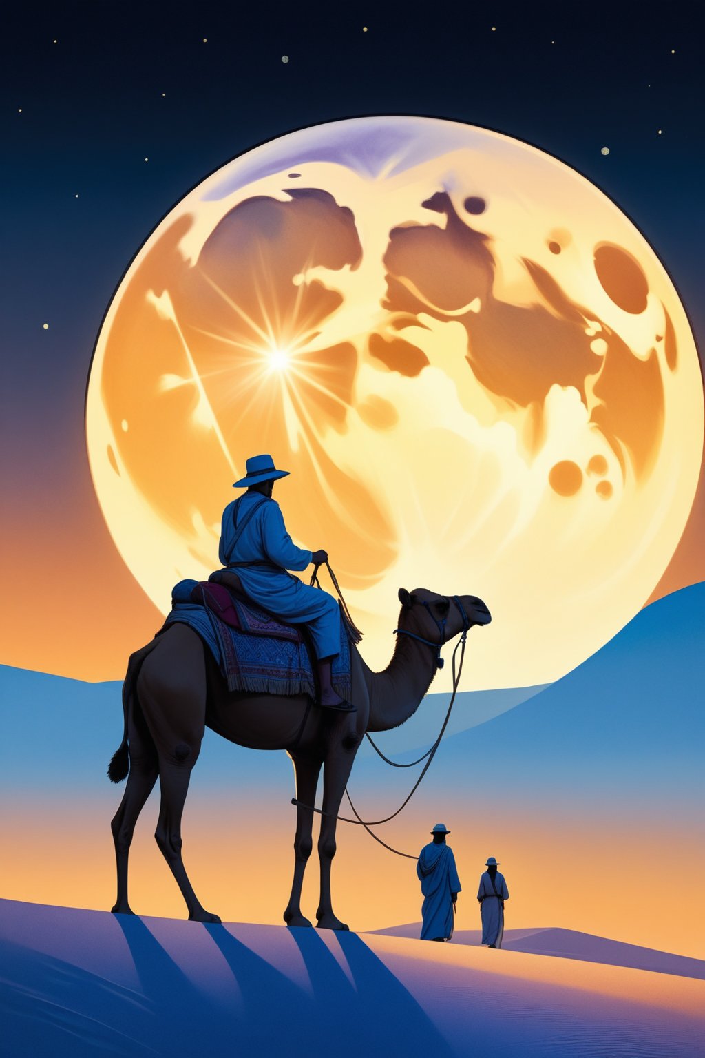 Two camels walking in a vast desert, a man and a woman riding on each back. A full moon in the night sky, and the moonlit silhouettes of the two camels and two travelers floating in the desert,,ultra delicate, clearly, super fine illustration, absorbres, pastel art,
BREAK beautiful lighting, beautiful glow,