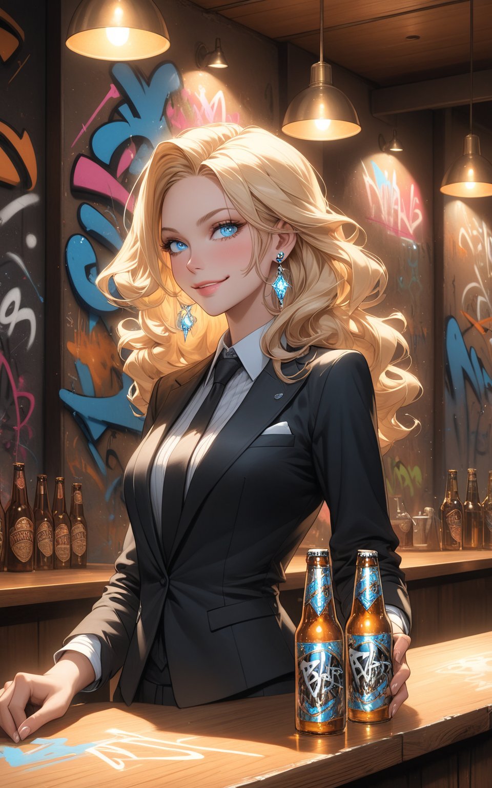 (Graffiti style art:1.5),
(masterpiece:1.3),A stunning scene unfolds: a striking blonde-haired beauty, adorned with sparkling jewelry and a fitted black jacket, stands confidently indoors. Her piercing blue eyes meet the viewer's gaze as she cradles a bottle of beers in one hand, her long sleeves rolled up to reveal toned arms. Her delicate features are accentuated by a subtle smile, lips curled ever so slightly upwards. The soft glow of ceiling lights casts a warm ambiance, highlighting the ultra-detailed texture of her fine blonde locks and the pastel hues of her outfit. In the background, a sleek black suit and tie contrast with the rich wood tones of the bar's counter, while a window to the side offers a glimpse into the vibrant cityscape beyond.,Enhance,Void volumes,modern,psychedelic,graffiti